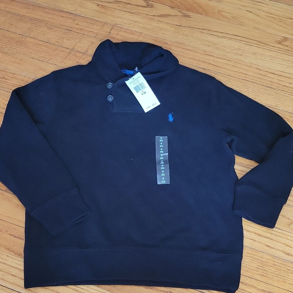 Polo Ralph Lauren Boys Black Pullover Hoodie Henley Logo Buttons Size 8 NWT